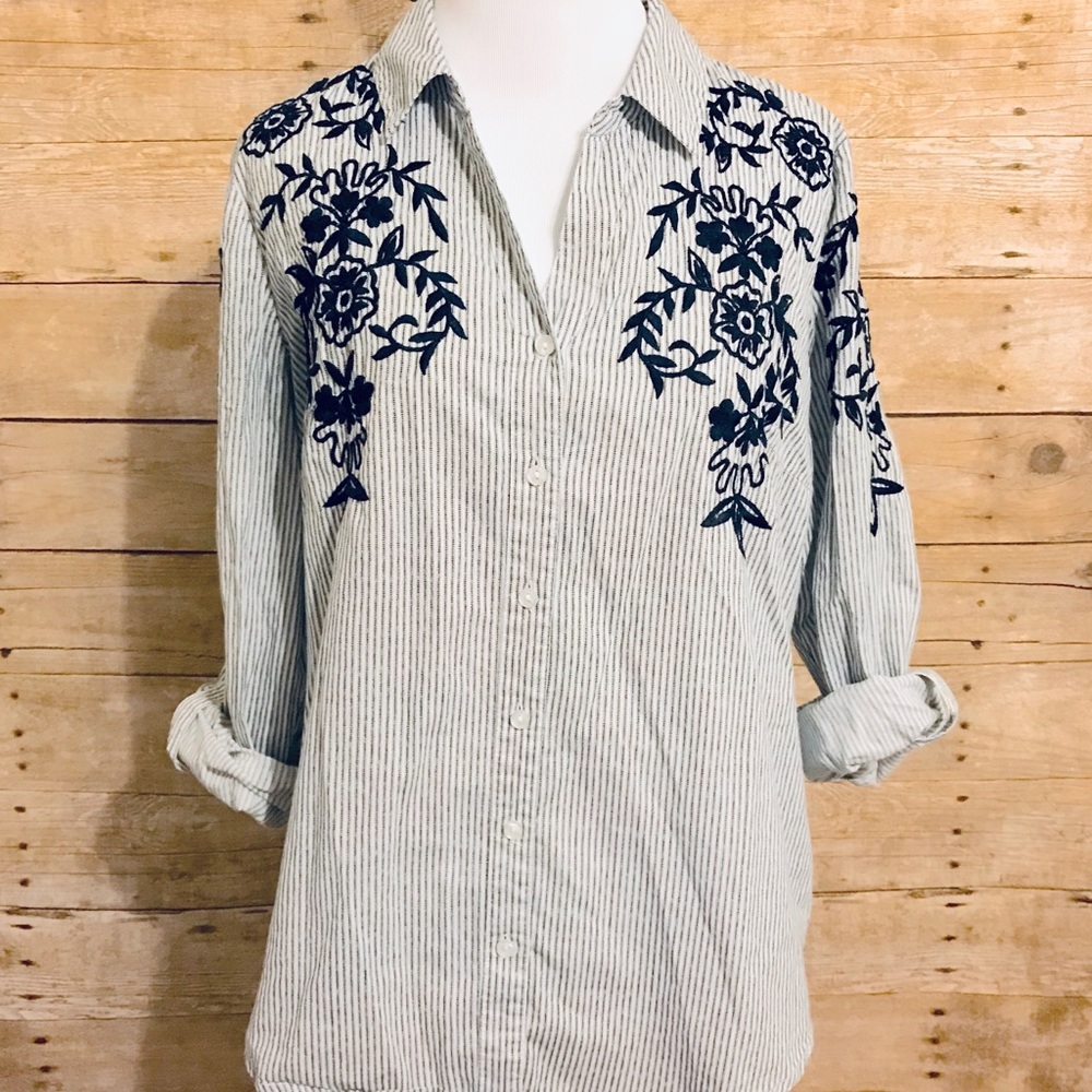 Blue and while embroidered pinstriped shirt